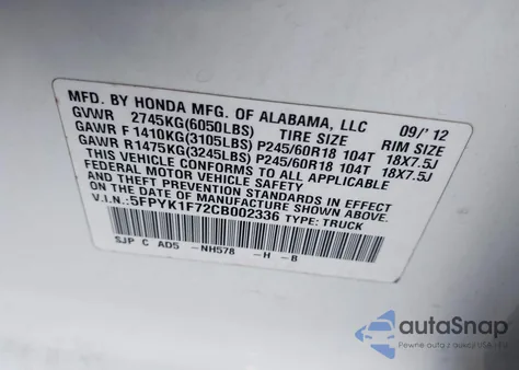 2012 Honda Ridgeline Sport из США, поврежденный, VIN 5FPYK1F72CB002336